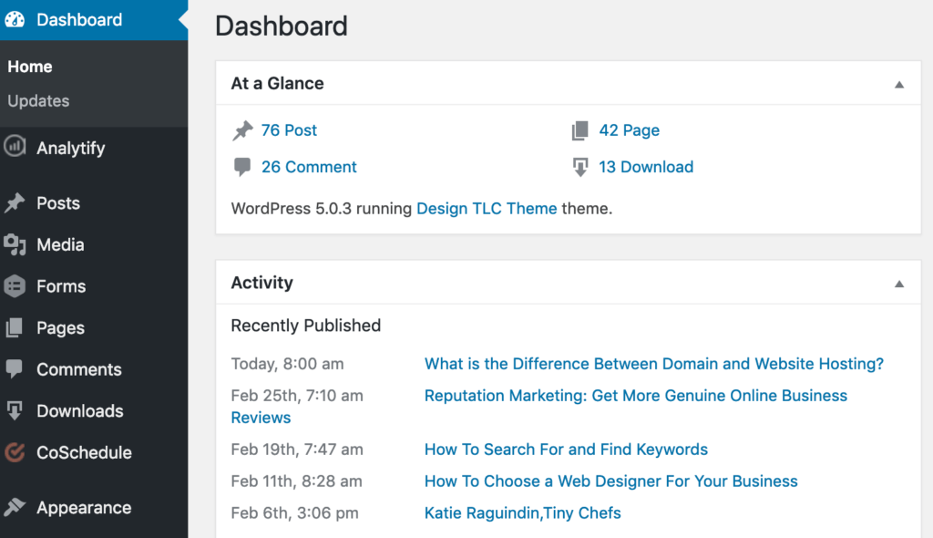 WordPress Website Backend Dashboard