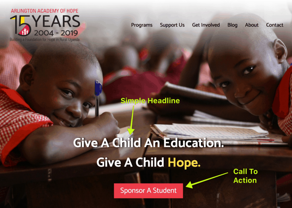Non profit website call to action and headline