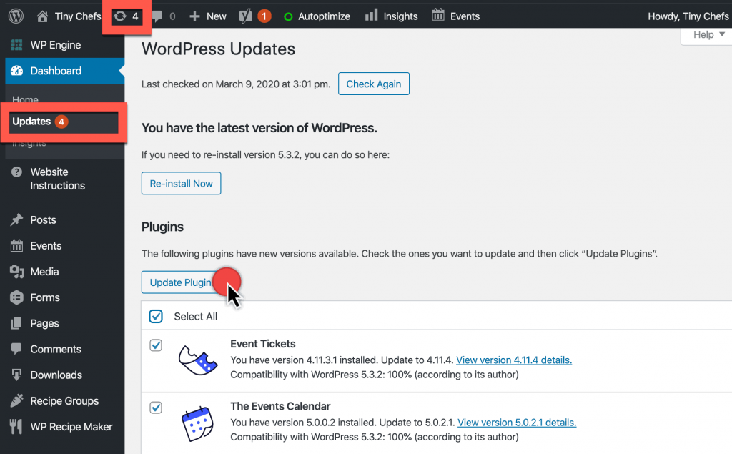 screenshot of WordPress plugin update notifications