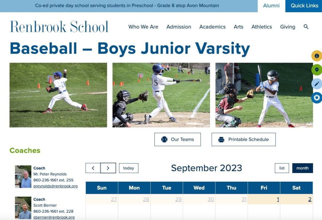 WordPress website with Blackbaud school athletic team information