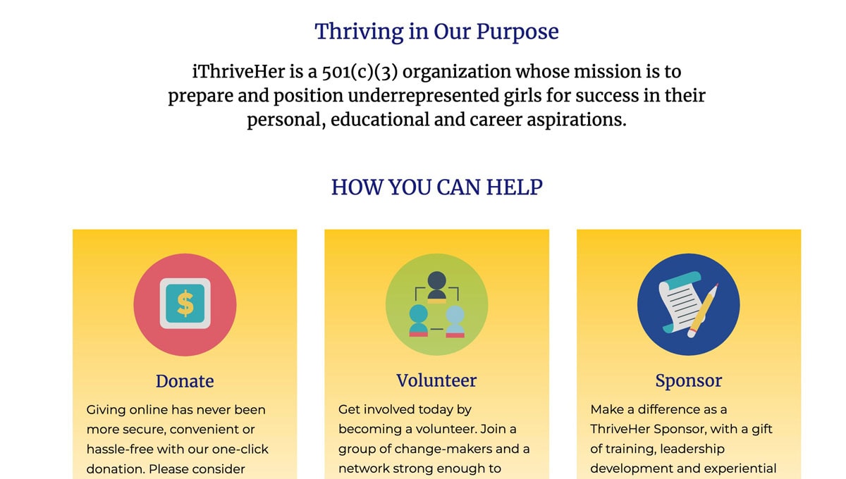 Screenshot of iThrive Her mission statement on website