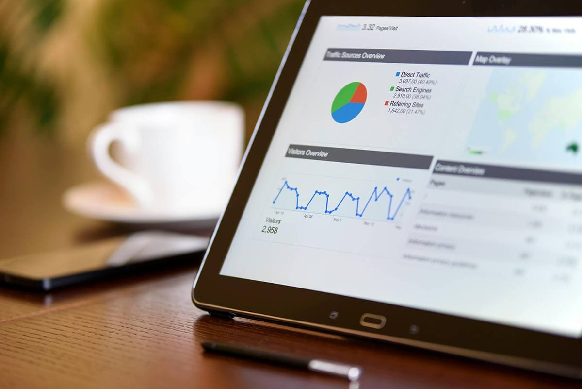 Tablet on a desk showing Google Analytics, with blurry mug and iphone in the background