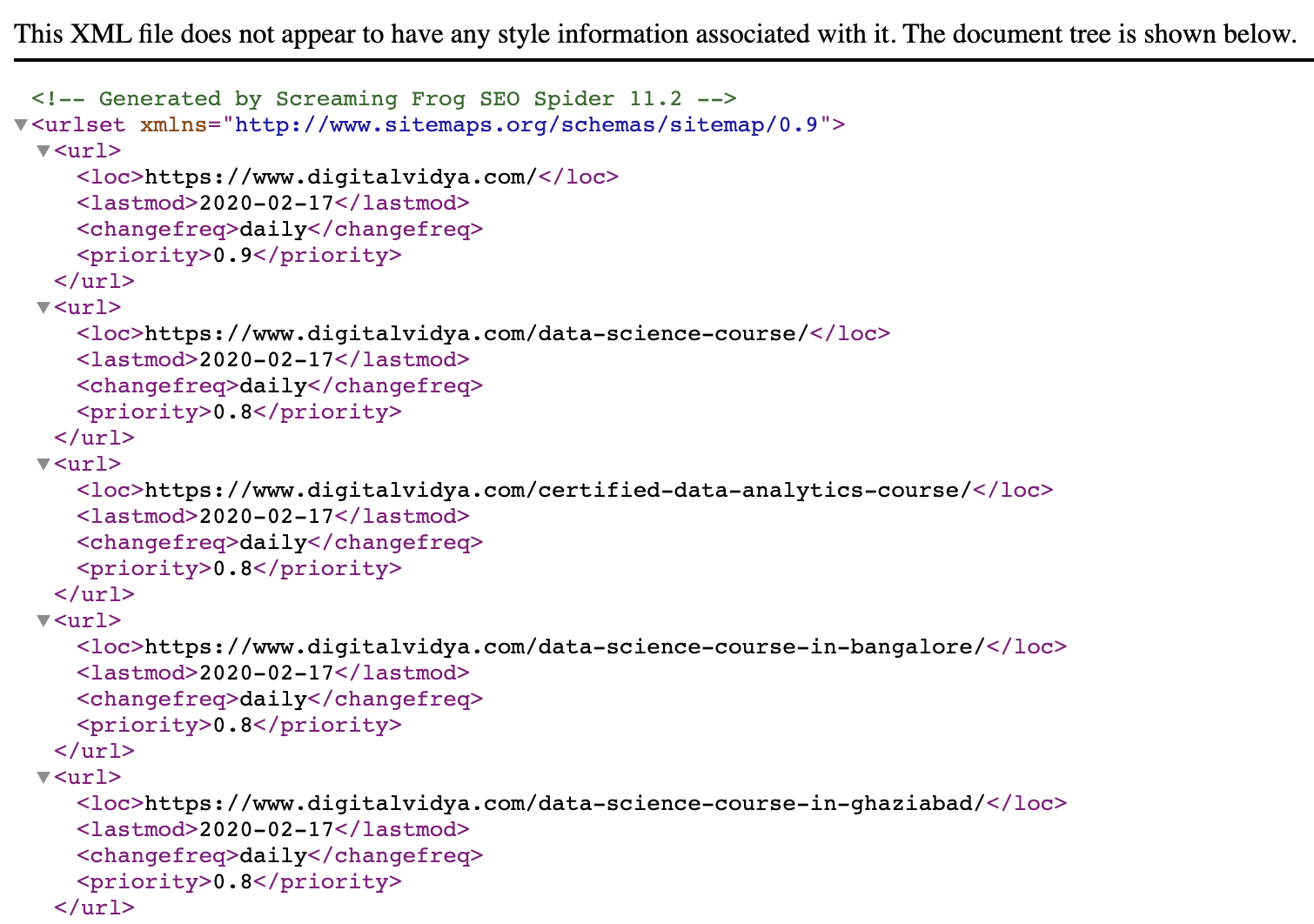 XML sitemap example from Screaming Frog