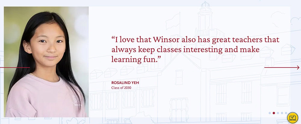 Winsor Testimonial Screenshot of a student testimonial at the Winsor School