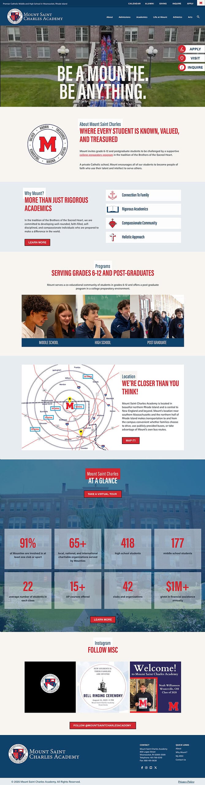 screenshot of new Mount Saint Charles website