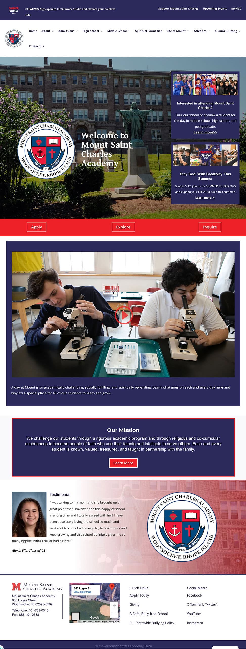 screenshot of old Mount Saint Charles website