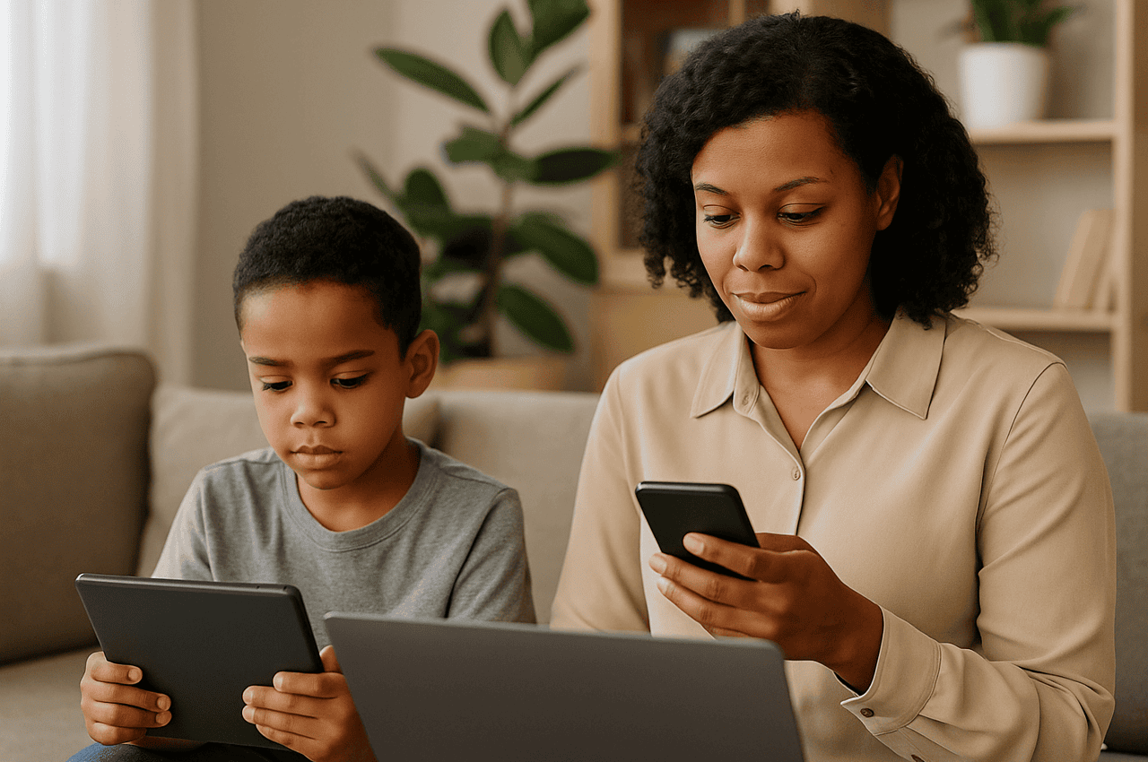 a mother and son using their devices to search the internet