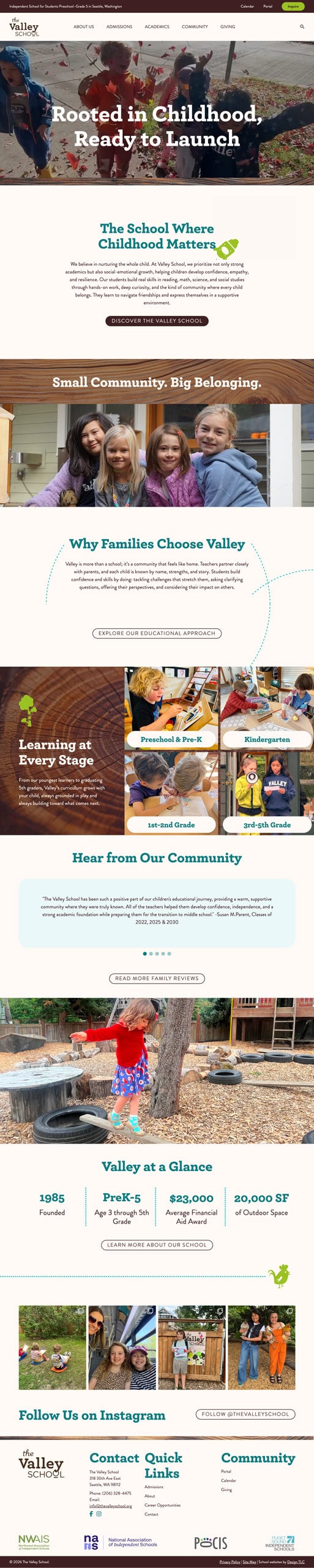 Full page screenshot of The Valley School's new website